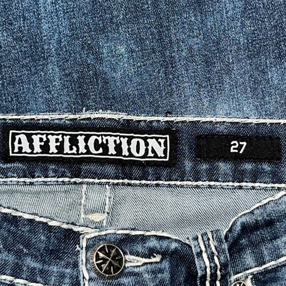 AFFLICTION 73 MMA JADE Top Stitched Denim Distressed Low Rise Flare Jeans EUC 27 - Picture 11 of 14